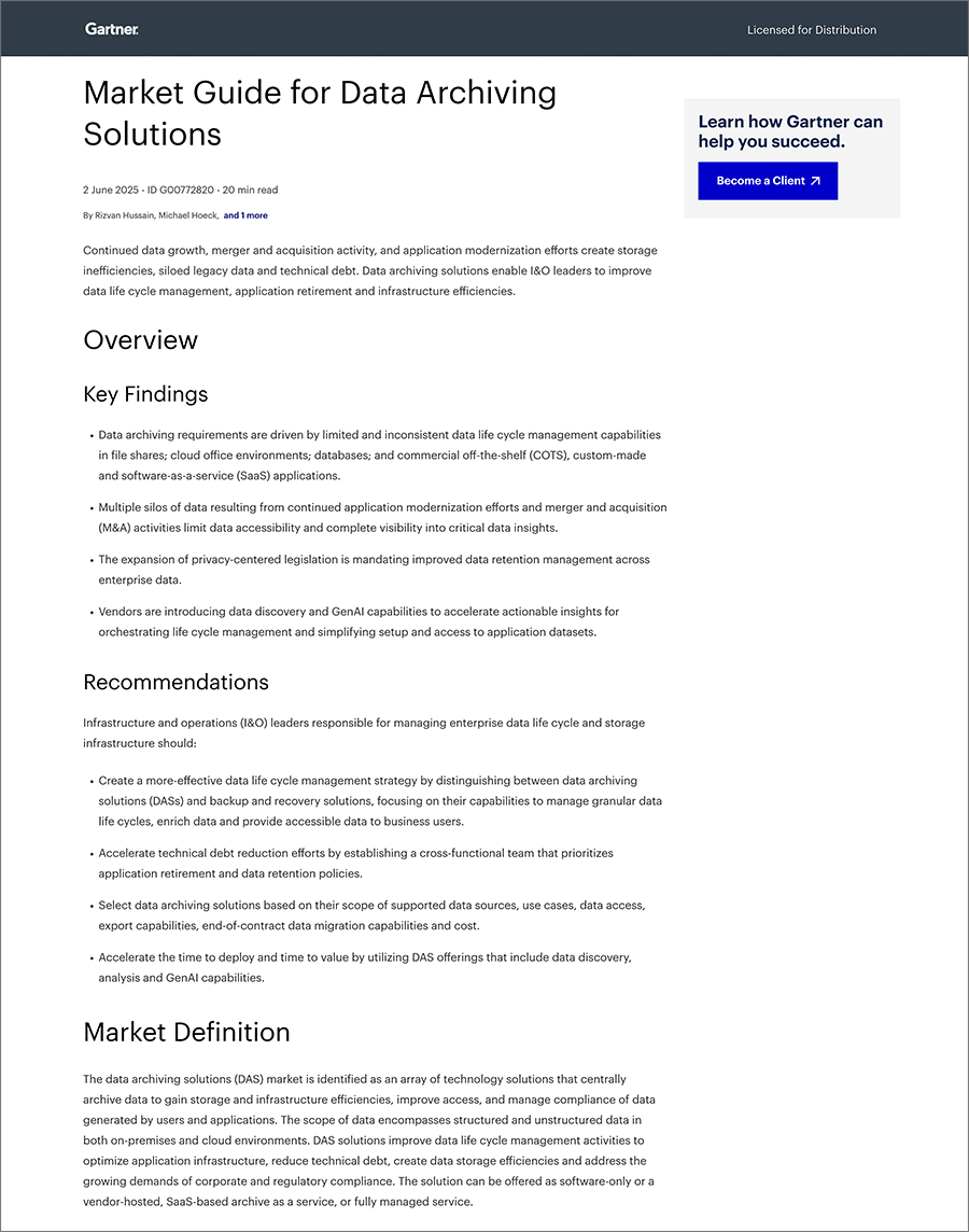 Gartner - Market Guide for Data Archiving Solutions Gartner - Market Guide for Data Archiving Solutions